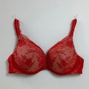 Victoria’s Secret Push Up Crystals & Shimmer Red / Nude Lace bra SZ 38C EUC